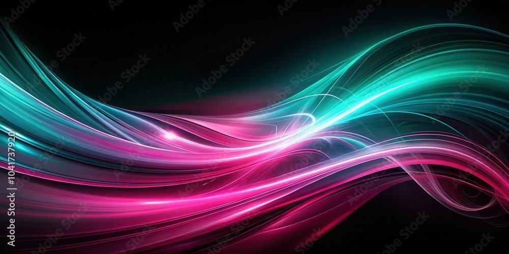 Poster abstract design of intertwined glowing pink and turquoise lines on a black background