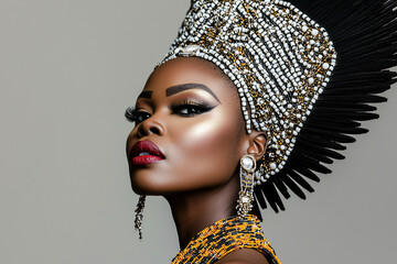 a Zulu woman wearing elaborate beaded headdress and isicholo