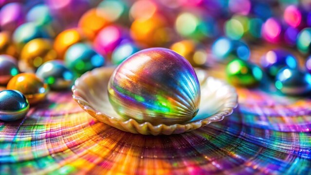 Blurred background with iridescent rainbow pearl shell in foreground high angle view
