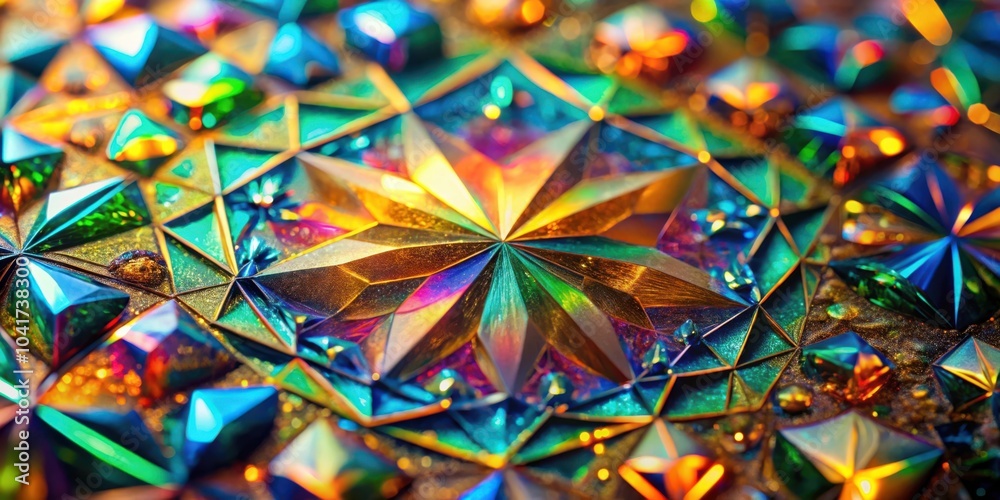 Poster An abstract iridescent pattern of multifaceted geometric shapes with a metallic sheen and a golden shimmer.