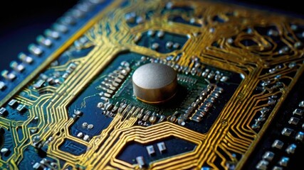 A closeup view of a high tech microchip featuring a glowing globe design