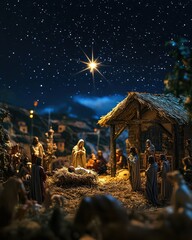 Star shining over the manger of Jesus Christ for a nativity scene. 8K photo captured for a glamorous magazine with volumetric light.