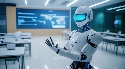 A robotic teacher conducting virtual classes in a futuristic classroom, innovative and educational setting with holographic displays and interactive desks, Futuristic Classroom Robotics style