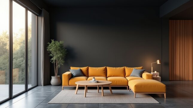 Modernes Wohnzimmer mit stilvoller, minimalistischer Einrichtung und senfgelbem Sofa vor einer dunklen Wand mit gro&szlig;en Fenstern