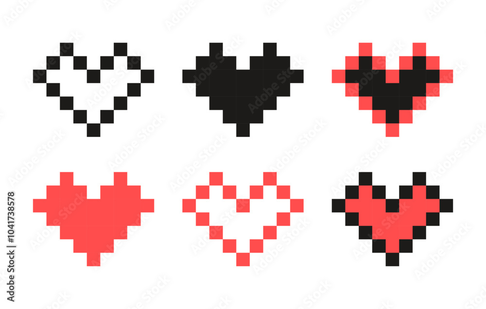 Poster vector set of pixel heart icons isolated on a white background. trendy geometric retro style