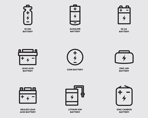 type of electric battery outline vector icon collection.metal battery pictogram symbol isolated on background