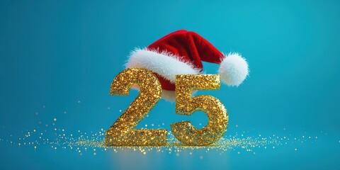 New Year 2025 golden digits paired with a Santa hat against a vibrant blue background, celebrating the festive season. Photo captured with volumetric lighting for a chic magazine.