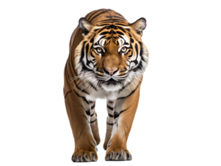 a tiger walking on a white background