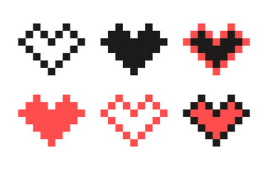 Vector set of pixel heart icons isolated on a white background. Trendy geometric retro style