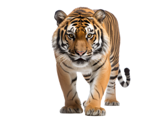 a tiger walking on a white background