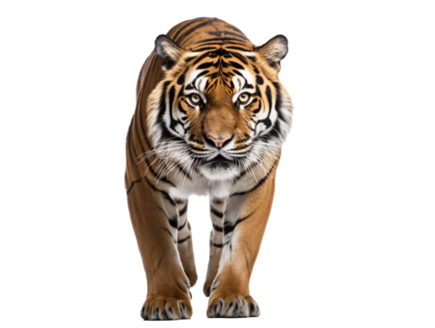 a tiger walking on a white background