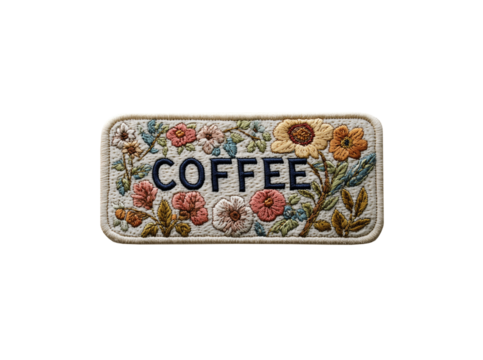 Embroidered patch with floral design and "Coffee" text isolated on a transparent background