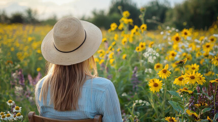 woman enjoys sunny day in vibrant sunflower field, surrounded by natures beauty