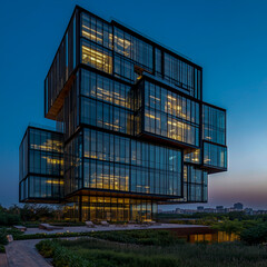 Fototapeta premium Modern friendly glass office building with sustainable design, tall structure overlooking the sky.