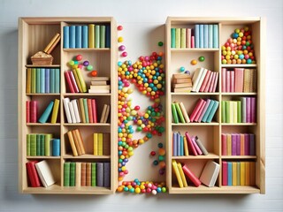 Colorful Classroom Bookshelf with a Dictionary and Candy-Shaped Words and Letters for Learning Fun