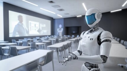 A robotic teacher conducting virtual classes in a futuristic classroom, innovative and educational setting with holographic displays and interactive desks, Futuristic Classroom Robotics style