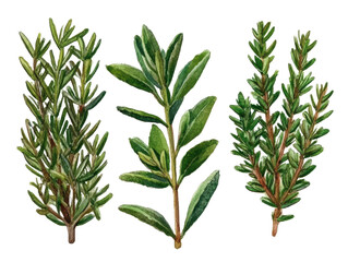 Fototapeta premium Three varieties of green herbs showcasing their leaves and textures.