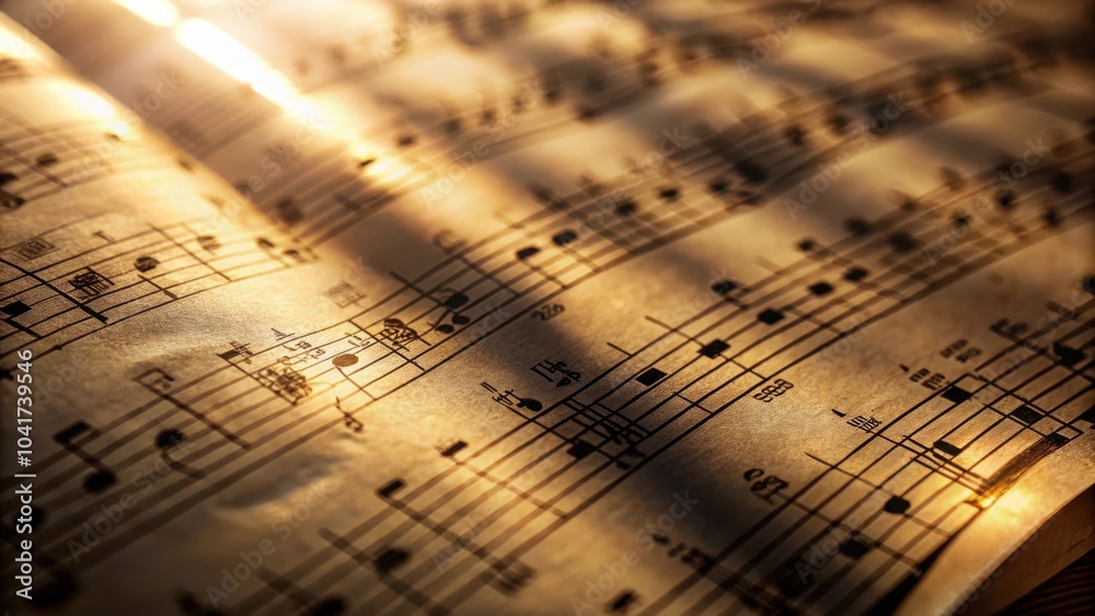 Fototapete a close-up shot of a sheet of music with notes and clefs illuminated by warm, golden light. the pape