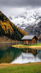 Fototapeta premium Chalet near a lake, A lake house between the trees in breathtaking nature. The house in the greenery near the lake. Reflected on water. Country side, forest and lake with house. 