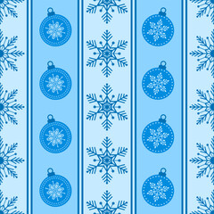 Christmas seamless pattern. Snowflakes,  Christmas ball and ornaments background design for decoration on Christmas card, banner, wrapping, wallpaper, textile, fashion.