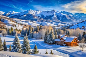 Serene Winter Wonderland at a Ski Resort in Utah with Snow-Capped Mountains and Scenic Views