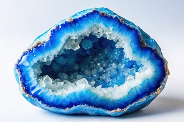 blue geode stone with crystals on white backdrop