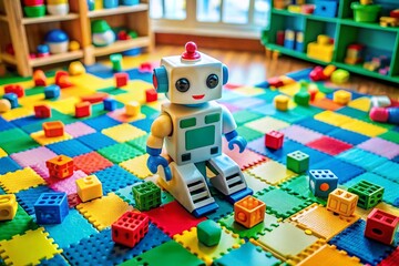Adorable Cute Little Toy Robot in a Colorful Playroom Setting for Kids' Imagination and Fun