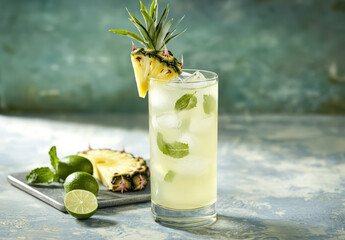 Refreshing tropical cocktail with pineapple and mint served over ice, garnished with fresh ingredients on a textured backdrop