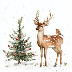 Watercolor illustration of a deer with a Christmas tree and bird. 8K illustration.