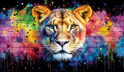 Lioness face in front of colorful brick wall with paint splatters and drips on a black background .