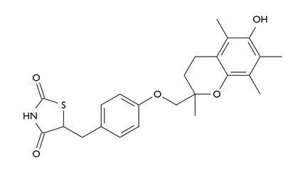 troglitazone molecule, structural chemical formula, ball-and-stick model, isolated image antidiabetic