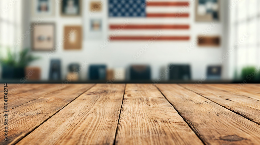 Aufkleber empty wooden surface with american flag on blurred background, perfect for displaying products