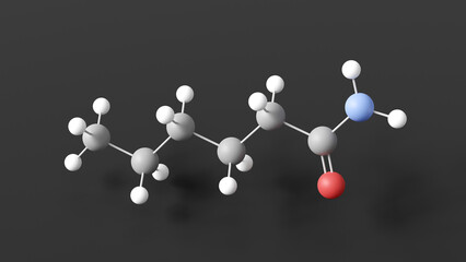 hexanamide molecule 3d, molecular structure, ball and stick model, structural chemical formula fatty amide
