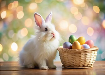 Fototapeta premium Adorable White Rabbit with Colorful Eggs in a Basket Surrounded by Soft Bokeh Effect for Easter Celebrations