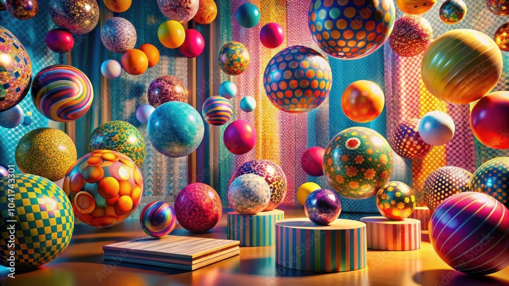 Poster A vibrant display of colorful spheres adorned with patterns and textures, showcasing the artistic potential of geometric shapes and playful color combinations.