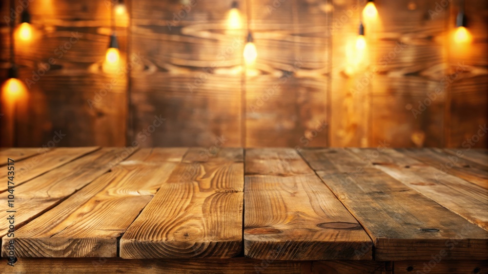 Aufkleber a rustic wooden table with a blurred backdrop of warm, glowing lights against a weathered wood backg