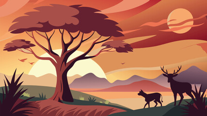 A tree and a deer walking at sunset background 