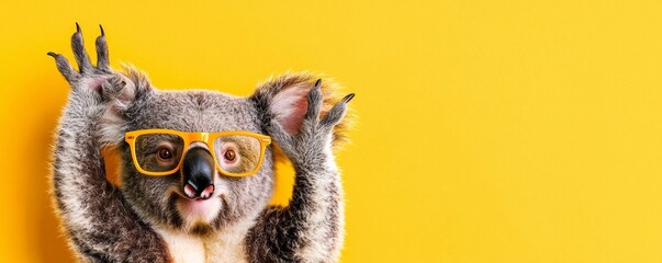 Fototapeta premium A playful koala wearing yellow glasses against a bright yellow background, striking a fun pose.