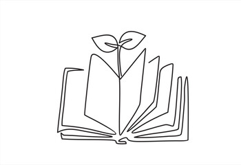 Opened book with sprout plant in one continuous line drawing . Education study and knowledge concept in simple linear style. Growing wisdom. Doodle contour vector illustration