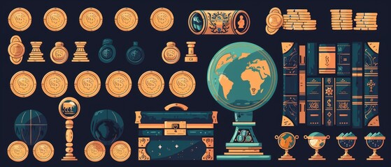 A diverse collection of objects on a dark background, including coins, a globe, compass, magnifying glass, books, suitcases, and plants, hinting at themes of wealth,