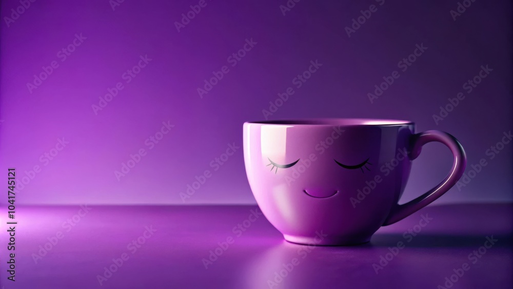 Poster a single purple mug with a happy face painted on it sits on a purple surface. the mug has its eyes c