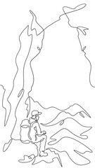 Continuous one line drawing tourist with a backpack in the mountains. Mountaineering. Rock climbing. High mountains. One continuous line isolated minimal vertical illustration.