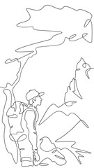 Continuous one line drawing tourist with a backpack in the mountains. Mountaineering. Rock climbing. High mountains. One continuous line isolated minimal vertical illustration.