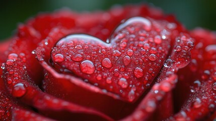 Bright red rose petals glisten with water droplets, showcasing a unique heart-shaped droplet nestled among the petals. This stunning detail highlights nature's beauty and evokes feelings of love and r