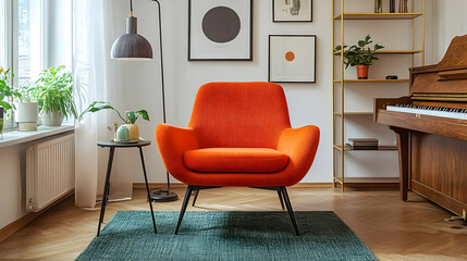 Orange Chair with Green Rug and Wooden Floor
