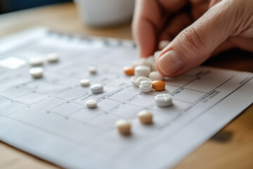 A hand preparing a week's worth of medication, with pills organized in a pill organizer for each day, assisting in medication adherence and health management