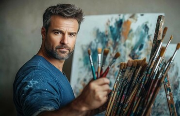 Portrait of a handsome man, an artist with a brush in hand near a canvas on an easel, holding...