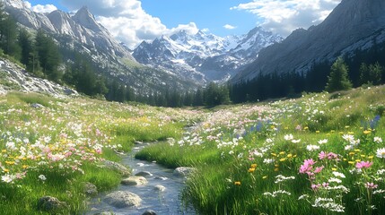 A tranquil mountain valley in spring, with wildflowers dotting the green meadows, a stream winding through, and towering peaks in the background