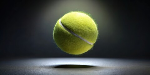 A yellow tennis ball hovers above a dark surface, illuminated by a single beam of light.