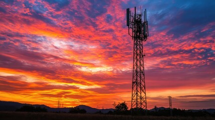 Vibrant Sunset Behind Communication Tower